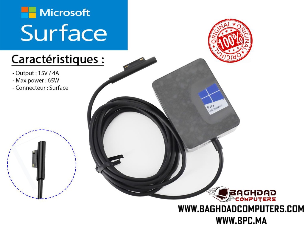 CHARGEUR MICROSOFT  SURFACE 65W