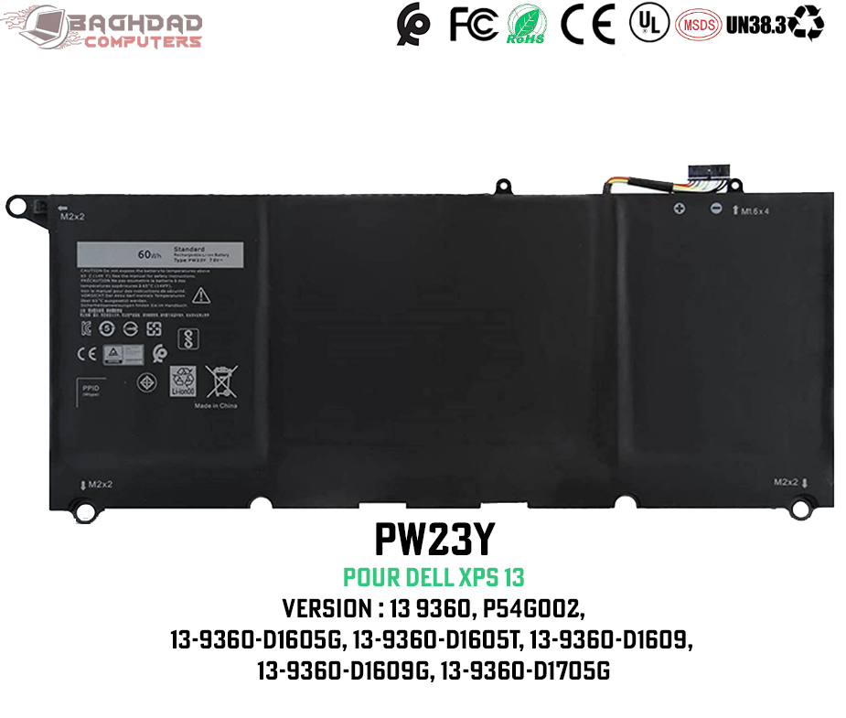 Batterie Pour Dell XPS 13 9360 - Modèle PW23Y, 60Wh, 4 Cellules, Compatible Séries 2017, Durée De Vie 1000 Cycles