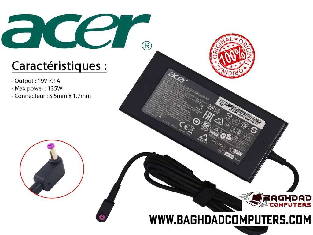 CHARGEUR ACER 135W 19V NITRO PREDATOR GAMER