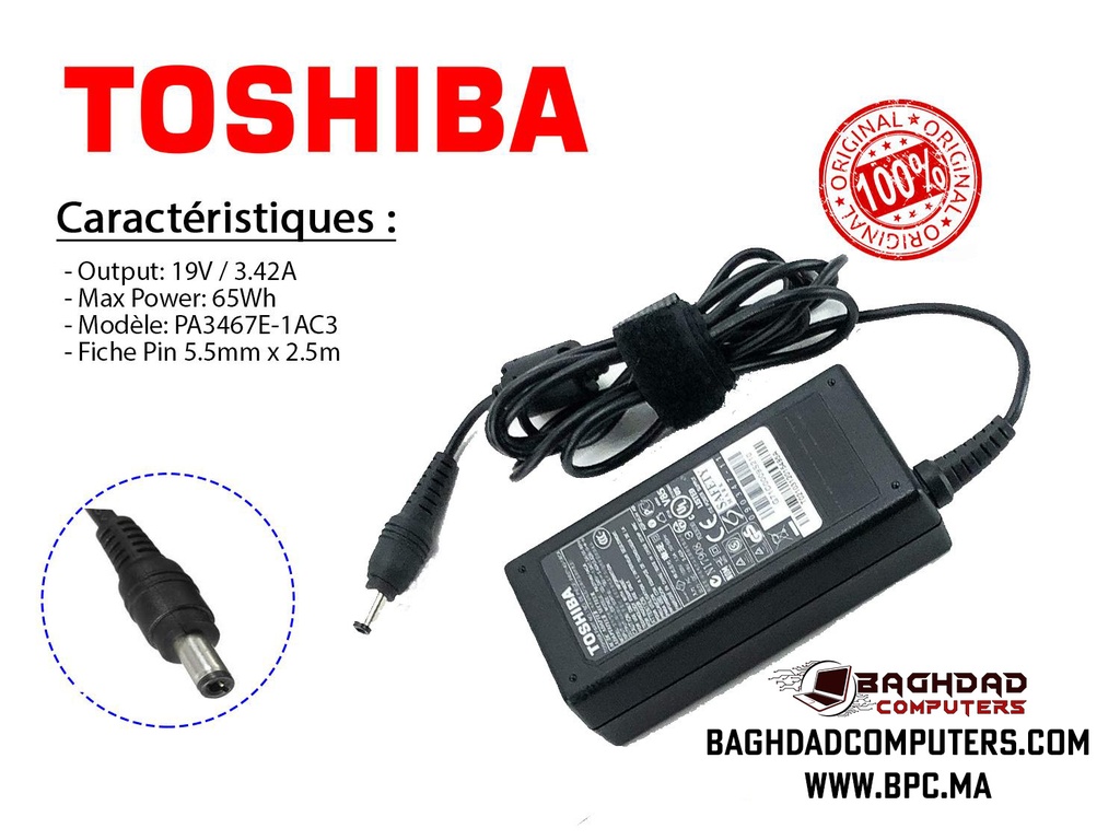 CHARGEUR TOSHIBA 19V 3.42A/2.37A 65W